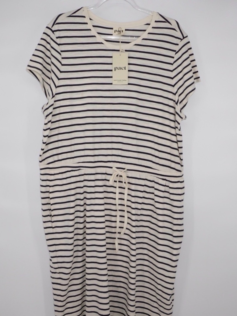 Pact 100% Organic Cotton- Santana Striped Drawstring Midi Dress - Cream & Black